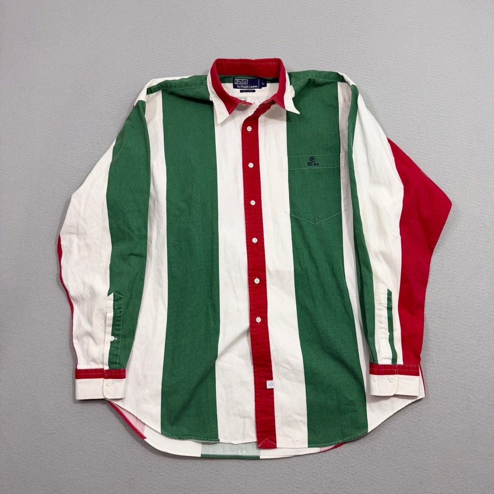 Polo Ralph Lauren Button Shirt Men's Large Green Red RL-92 Striped Long Sleeve
